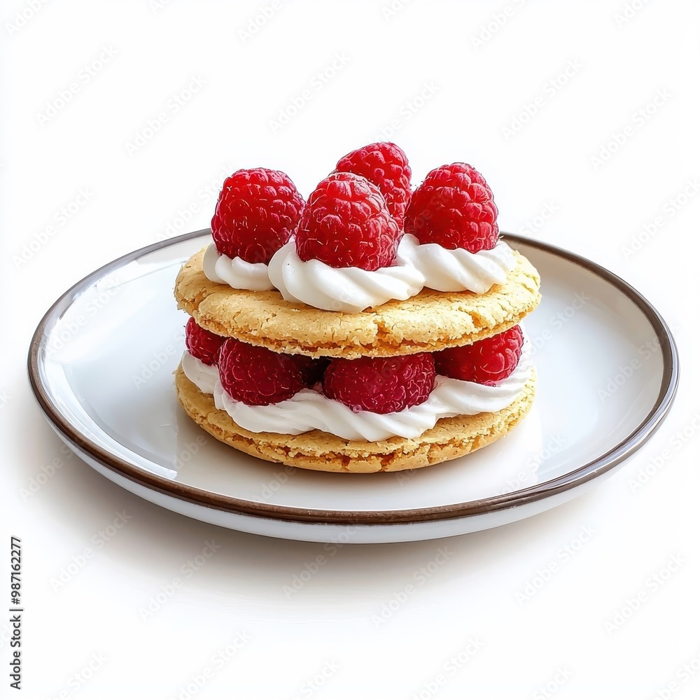 Raspberry cookie sandwich presented on a plate, isolated on a white background, showcasing a classic and elegant dessert presentation. Raspberry cookie sandwich presented on a plate, isolated on a white background, showcasing a classic and elegant dessert presentation.
