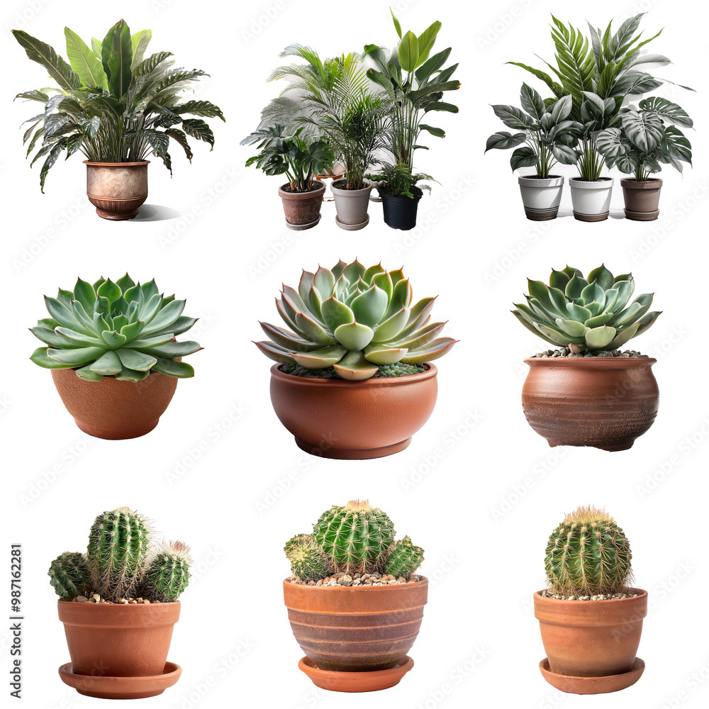 Nine potted plants are arranged in a grid, showcasing a variety of green foliage and cacti. Nine potted plants are arranged in a grid, showcasing a variety of green foliage and cacti.