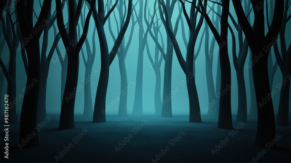 Obraz premium Mysterious forest with dark trees and ethereal blue fog, creating an eerie atmosphere.