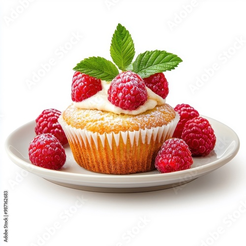 Raspberry muffin cake served on a plate, isolated on a white background, emphasizing its classic and elegant presentation.