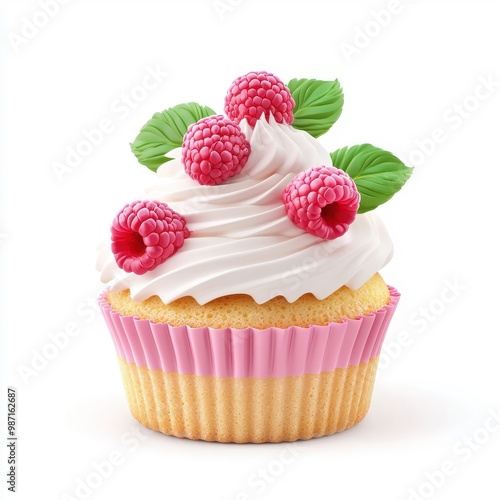 3D cartoon-style raspberry muffin cake isolated on a white background, offering a playful and imaginative representation.