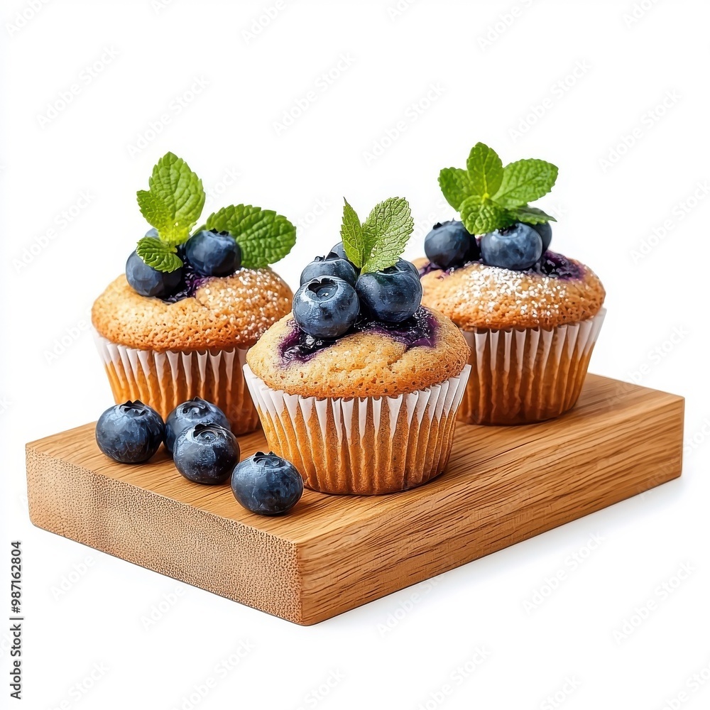 Blueberry muffin cake on a wooden tray, isolated on a white background, adding a rustic and homely touch. Blueberry muffin cake on a wooden tray, isolated on a white background, adding a rustic and homely touch.