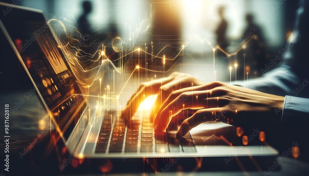 Close up of hands using laptop keyboard with abstract glowing business chart hologram on blurry background. Stock, technology and financial growth concept. Double exposure.