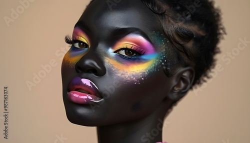 Vibrant beauty portrait showcasing a black woman adorned with artistic colorful makeup, highlighting creativity and self-expression