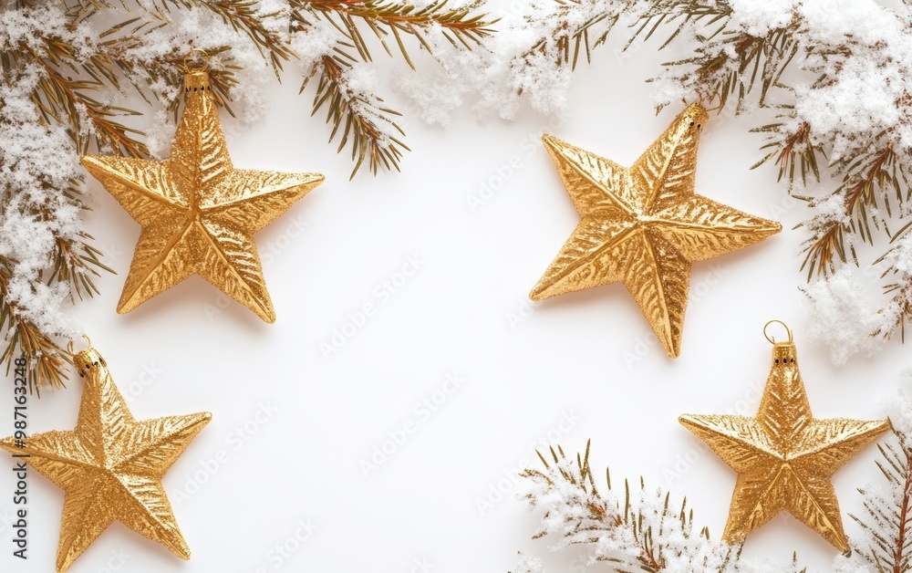 Golden star ornaments resting on snow-dusted branches with a white background. Golden star ornaments resting on snow-dusted branches with a white background.