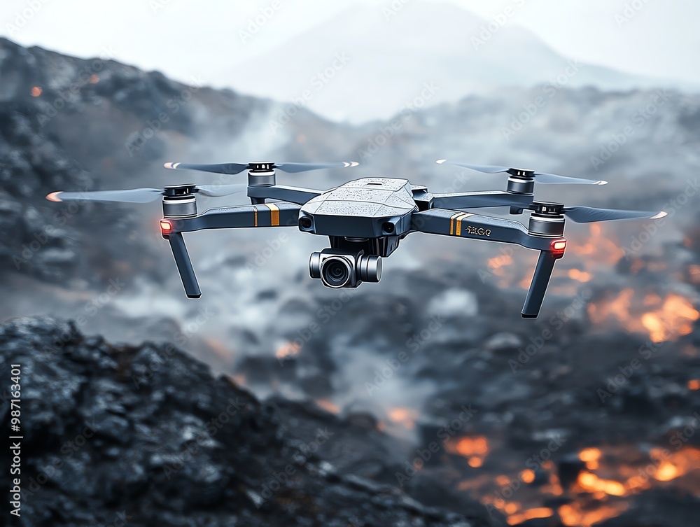 Drone flying over a volcanic landscape with smoke and lava in the background. Drone flying over a volcanic landscape with smoke and lava in the background.