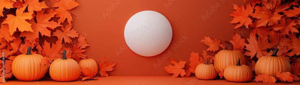 Pumpkins and autumn leaves on orange background, perfect for seasonal themes. Pumpkins and autumn leaves on orange background, perfect for seasonal themes.