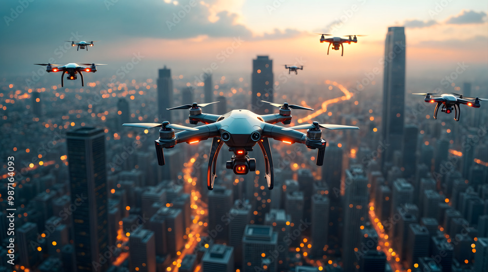 Drones flying over a futuristic cityscape at sunset Drones flying over a futuristic cityscape at sunset