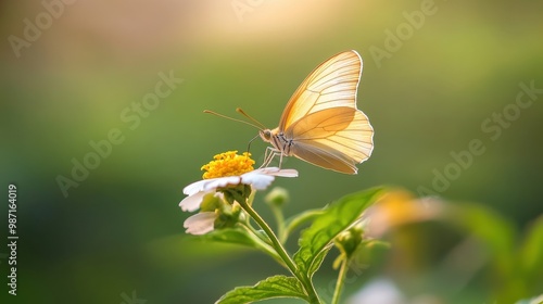 Close-up of a yellow butterfly perched on a white flower in soft sunlight photo