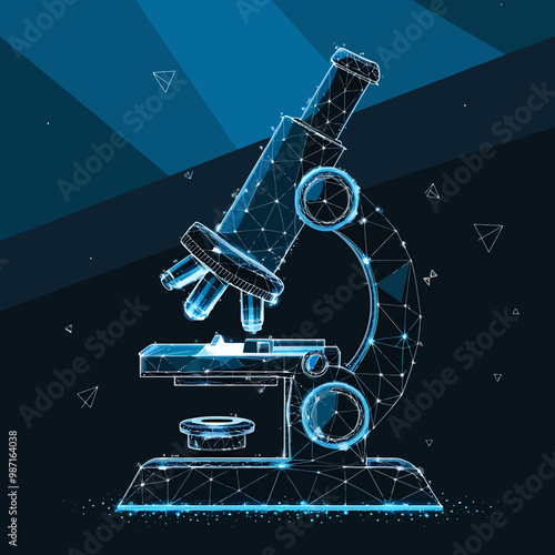 Futuristic abstract image of a low poly microscope illustration with lines and dots