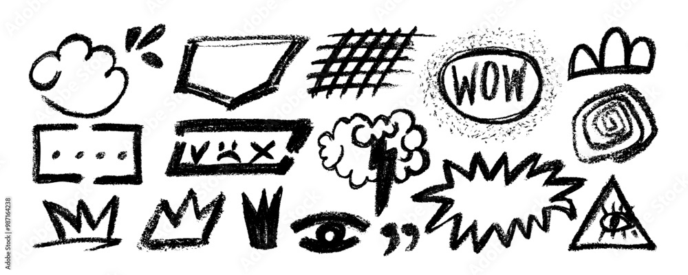 Fototapeta premium Collection organic grunge bold shapes, cloud, crown, grid, eye, speech bubble, curved lines and dots. Geometric vector set in Memphis style. Hand drawn charcoal geometric pattern.