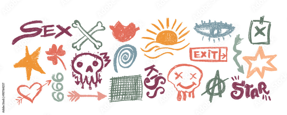 Collection with colorful charcoal graffiti doodle punk and geometric shapes . Hand drawn abstract scribbles and squiggles, creative various shapes, charcoal drawn icons. Collection with colorful charcoal graffiti doodle punk and geometric shapes . Hand drawn abstract scribbles and squiggles, creative various shapes, charcoal drawn icons.