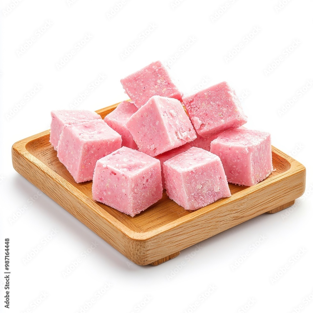 Strawberry fudge on a wooden tray, isolated on a white background, providing a rustic and inviting visual. Strawberry fudge on a wooden tray, isolated on a white background, providing a rustic and inviting visual.