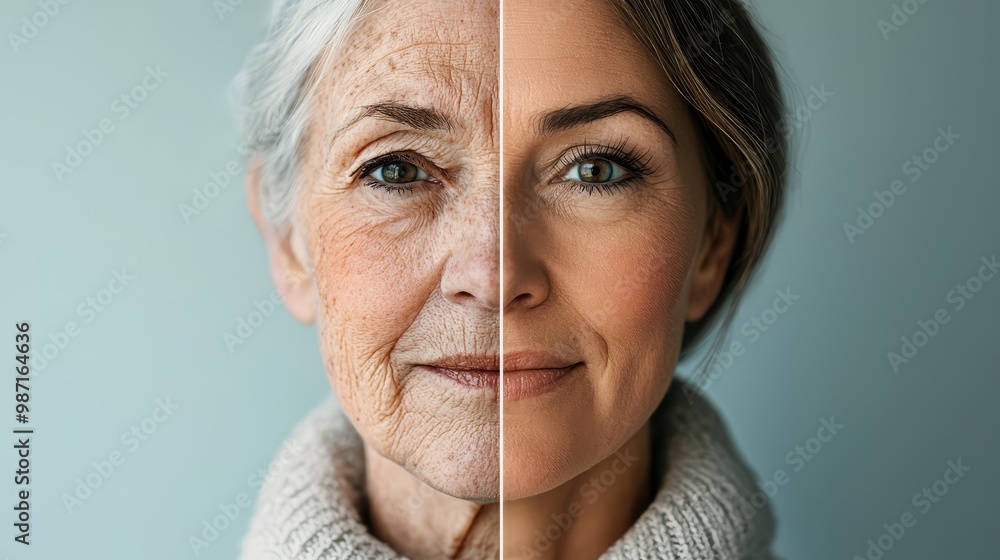Obraz premium Split view showing the aging process with one side of the face young and the other old, representing youth versus aging concept.