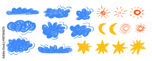Cute crayon drawing kids style blue clouds, yellow sun and moon, stars and rain drops. Hand drawn doodle clouds set collection with charcoal texture. Various pencil childish icons, weather elements