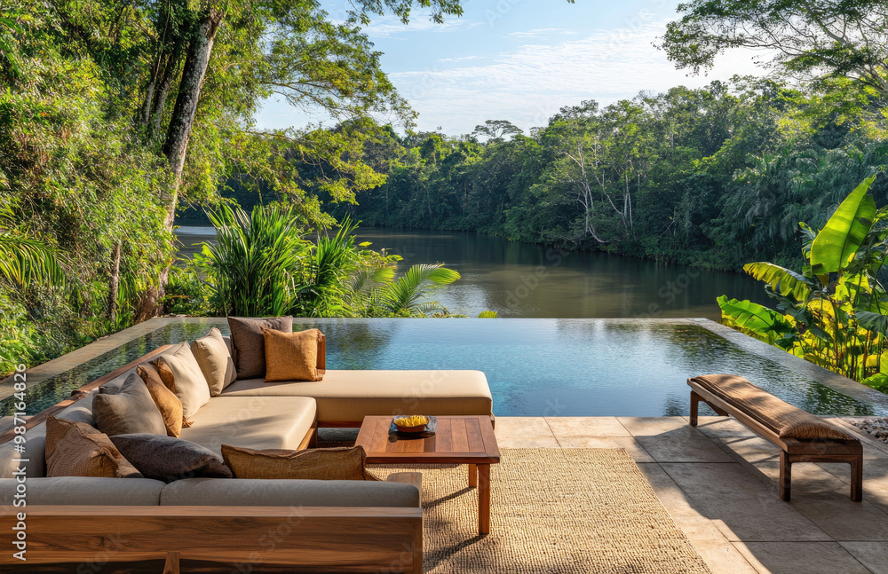 Fototapeta premium A spacious outdoor living area with an infinity pool, comfortable seating, and lush greenery in the background, located on a riverbank surrounded by rainforest