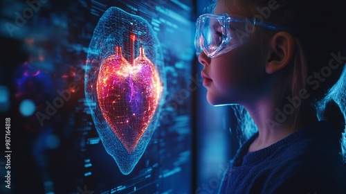 Pediatric specialists viewing a holographic display of a childs heart to assess the severity of a congenital heart defect Large space for text in center Stock Photo with copy space