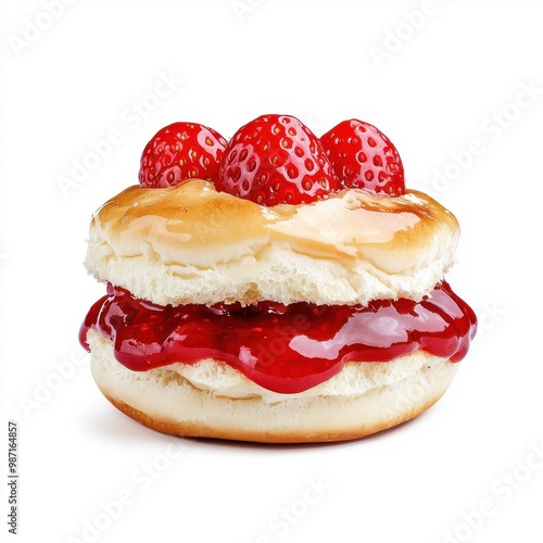 Oozing strawberry sauce on bun bread, isolated on a white background, emphasizing the rich, gooey texture. photo