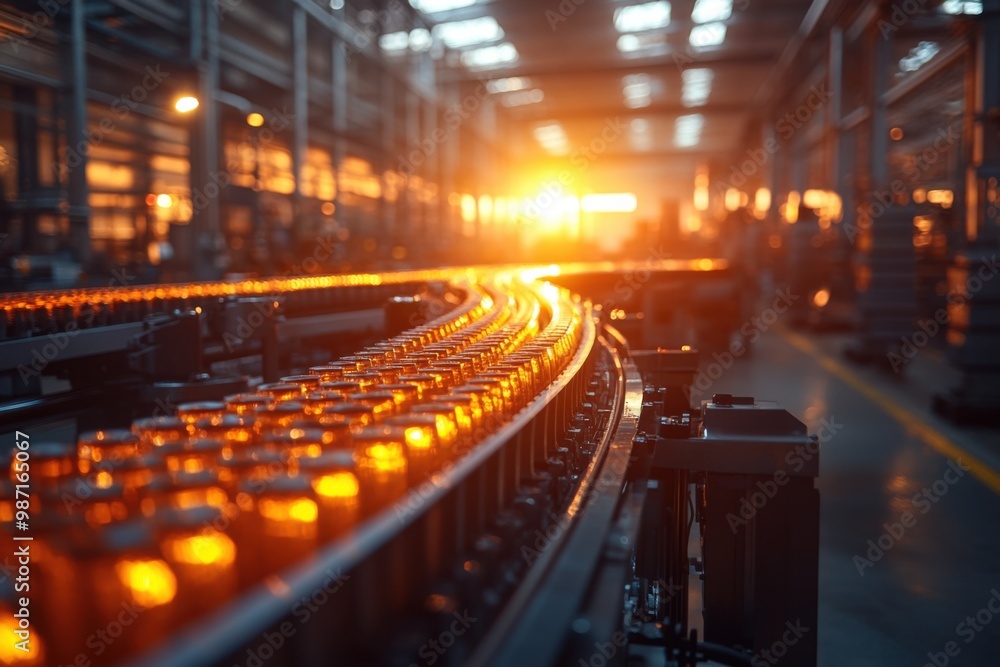 Bottles Moving Along a Conveyor Belt in a Factory Bottles Moving Along a Conveyor Belt in a Factory
