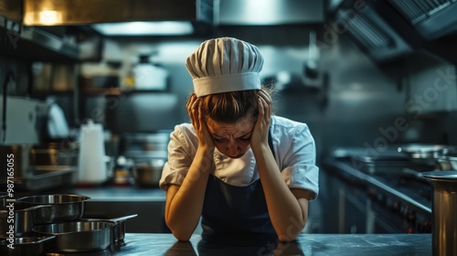 Fototapeta Naklejka Na Ścianę i Meble -  Stressed chef in kitchen, head in hands. Challenging kitchen life and the pressures of a busy restaurant. Concept of culinary stress.