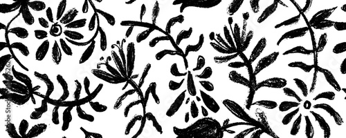 Vector seamless pattern with  abstract flower silhouettes hand drawn charcoal. Elegant flower shapes in geometric forms. Modern trendy botanical style. Organic doodle or modern groovy flowers.