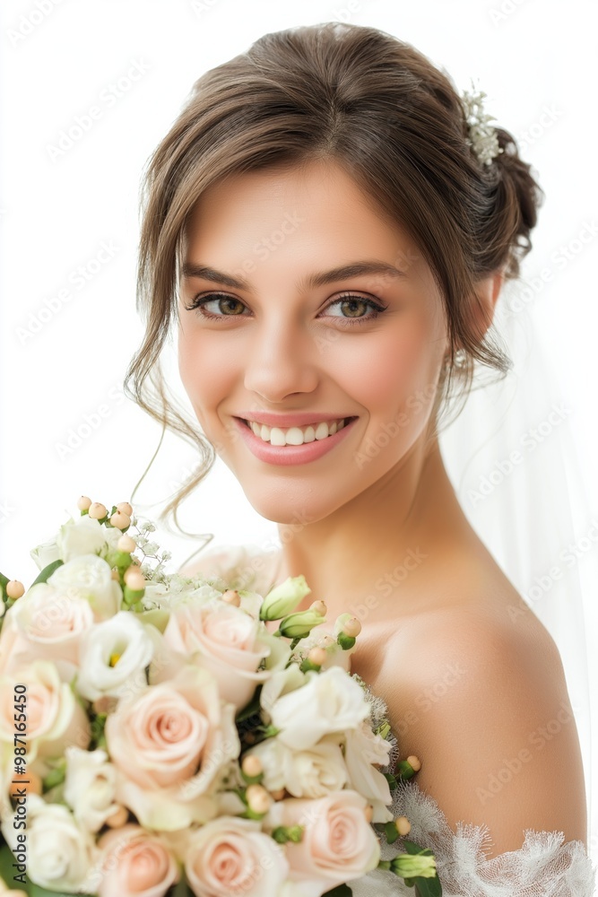 Naklejka premium A woman with a white veil and a bouquet of flowers is smiling. The flowers are pink and white, and the woman's hair is styled in a bun. Scene is happy and joyful