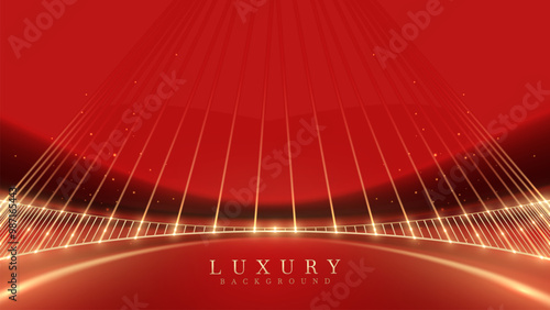 Elegant red stage backdrop decorated with a golden line and sparkling light effects, ideal for celebrating holidays, birthdays, special occasions, or award ceremonies.