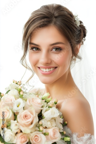 A woman with a white veil and a bouquet of flowers is smiling. The flowers are pink and white, and the woman's hair is styled in a bun. Scene is happy and joyful