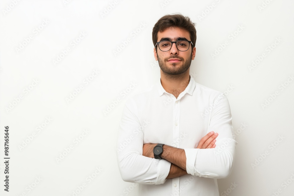 A man with glasses and a watch is standing with his arms crossed in front of a white background A man with glasses and a watch is standing with his arms crossed in front of a white background