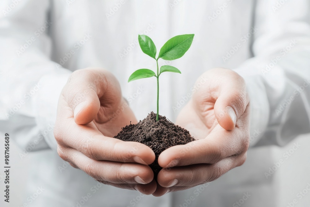 Hands holding a young green plant in soil, symbolizing growth and new beginnings Hands holding a young green plant in soil, symbolizing growth and new beginnings