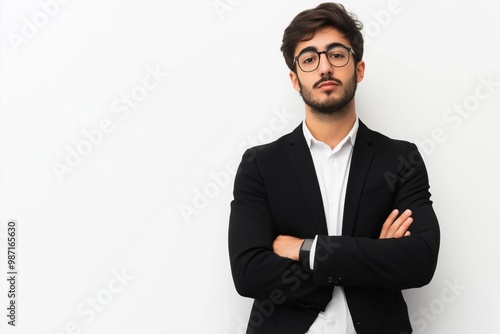 A man in a suit and glasses is standing with his arms crossed. He looks serious and focused