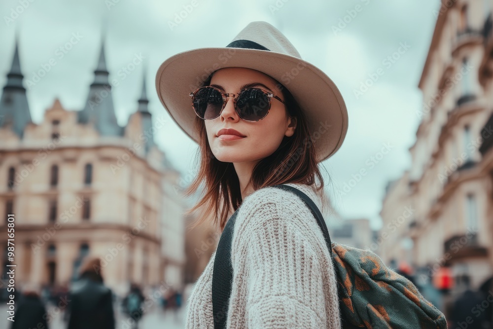 A stylish woman wearing sunglasses and a hat explores a European city street in autumn, showcasing urban travel fashion. A stylish woman wearing sunglasses and a hat explores a European city street in autumn, showcasing urban travel fashion.