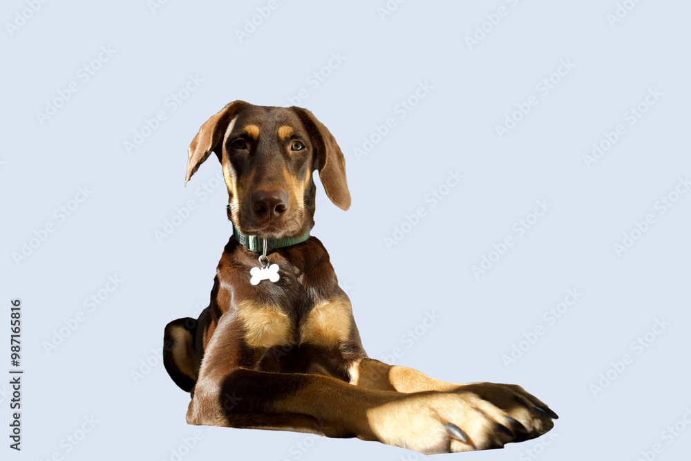 Front view of a funny Doberman pinscher dog lying in the position of the sphinx and looking at the camera with astonishment on a pale blue background. Front view of a funny Doberman pinscher dog lying in the position of the sphinx and looking at the camera with astonishment on a pale blue background.