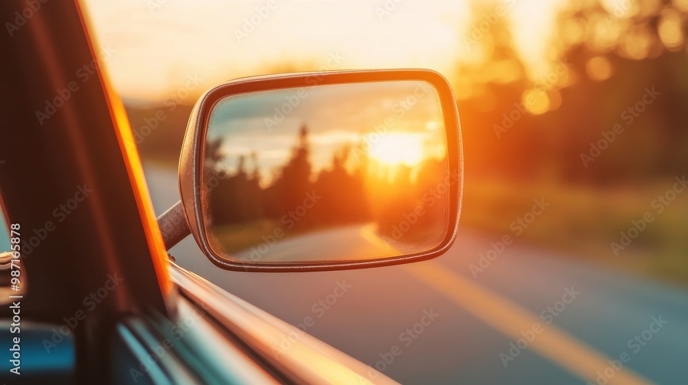 A car’s side mirror reflecting the golden sunset during a road trip, capturing the beauty of the journey on a scenic route. A car’s side mirror reflecting the golden sunset during a road trip, capturing the beauty of the journey on a scenic route.