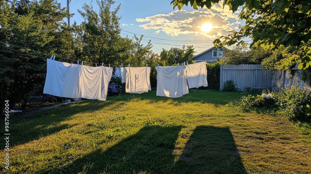 Sunset in a backyard with white sheets hanging to dry on a clothesline and trees surrounding the area. Sunset in a backyard with white sheets hanging to dry on a clothesline and trees surrounding the area.