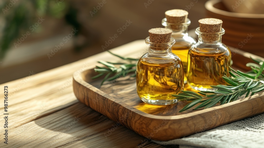 display of organic hair oil bottles on a wooden tray, illustrating a natural hair care concept display of organic hair oil bottles on a wooden tray, illustrating a natural hair care concept