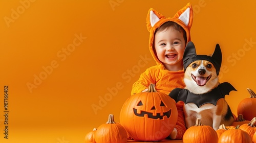 Joyful child in a pumpkin costume holding a corgi dressed as a bat among pumpkins in a festive autumn setting