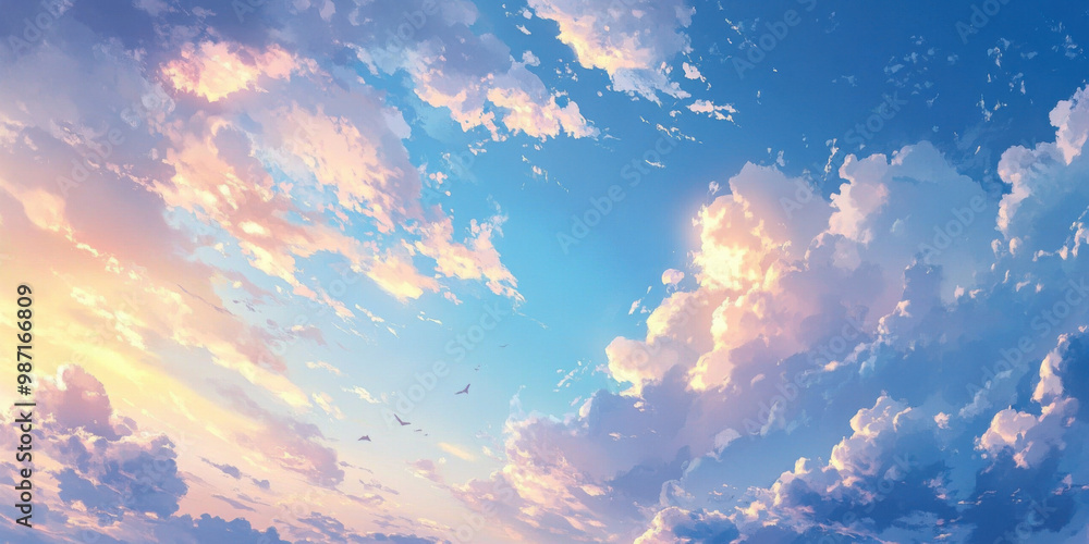 Naklejka premium A bright blue sky filled with fluffy white clouds on a clear summer day