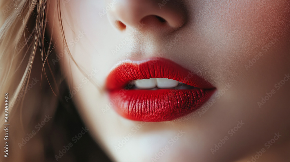 Fototapeta premium Female painted red lips from a close distance