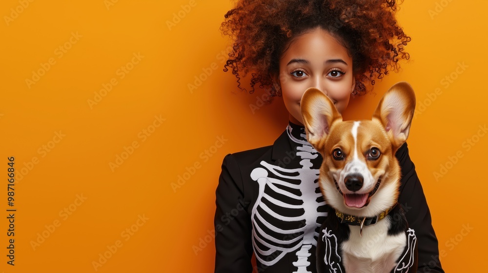 A young woman with dark skin dressed in a skeleton outfit smiles while holding her happy corgi against a bright orange backdrop A young woman with dark skin dressed in a skeleton outfit smiles while holding her happy corgi against a bright orange backdrop