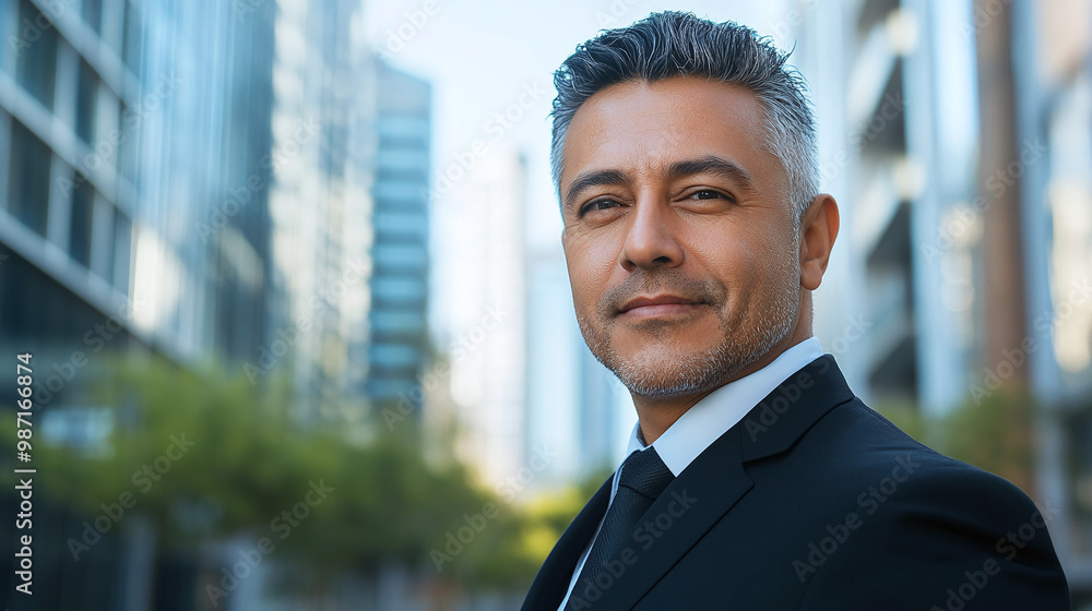 Portrait of a mature successful businessman in a suit on the street with office buildings and business centers in the background Portrait of a mature successful businessman in a suit on the street with office buildings and business centers in the background