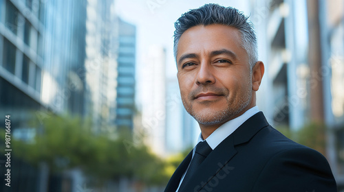 Portrait of a mature successful businessman in a suit on the street with office buildings and business centers in the background