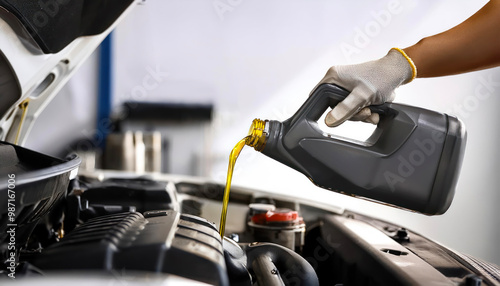 Oil change technical service engine master filling oil into vehicle engine close-up