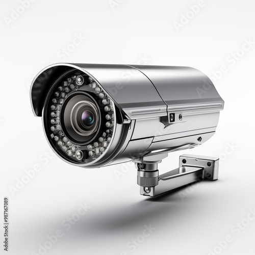 Grey security camera isolated on grey background. Control and protection. Big brother concept. Photo generated by Ai technology