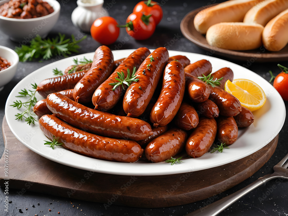 Juicy Grilled Sausages with Perfect Grill Marks & Fresh Herb Garnish on a plate. Isolated Top View. Generative AI Juicy Grilled Sausages with Perfect Grill Marks & Fresh Herb Garnish on a plate. Isolated Top View. Generative AI