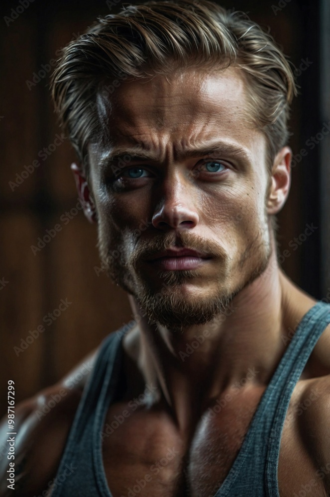 A muscular man gazing intently while posing indoors in a relaxed attire, showcasing strength and determination. A muscular man gazing intently while posing indoors in a relaxed attire, showcasing strength and determination.