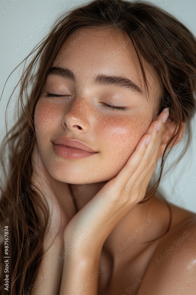 Beautiful young woman with closed eyes, smiling and touching her face. Beautiful young woman with closed eyes, smiling and touching her face.