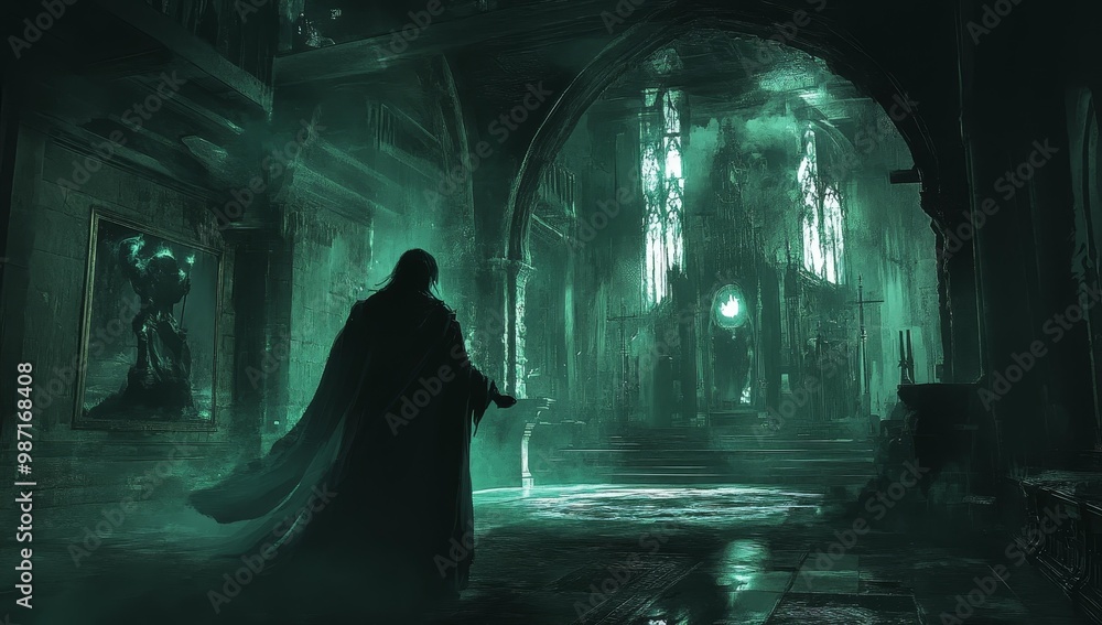 A cloaked figure walks towards a glowing doorway. A cloaked figure walks towards a glowing doorway.
