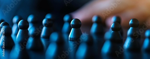 Close-up of black game pieces on a dark board, with a blurred hand in the background. photo