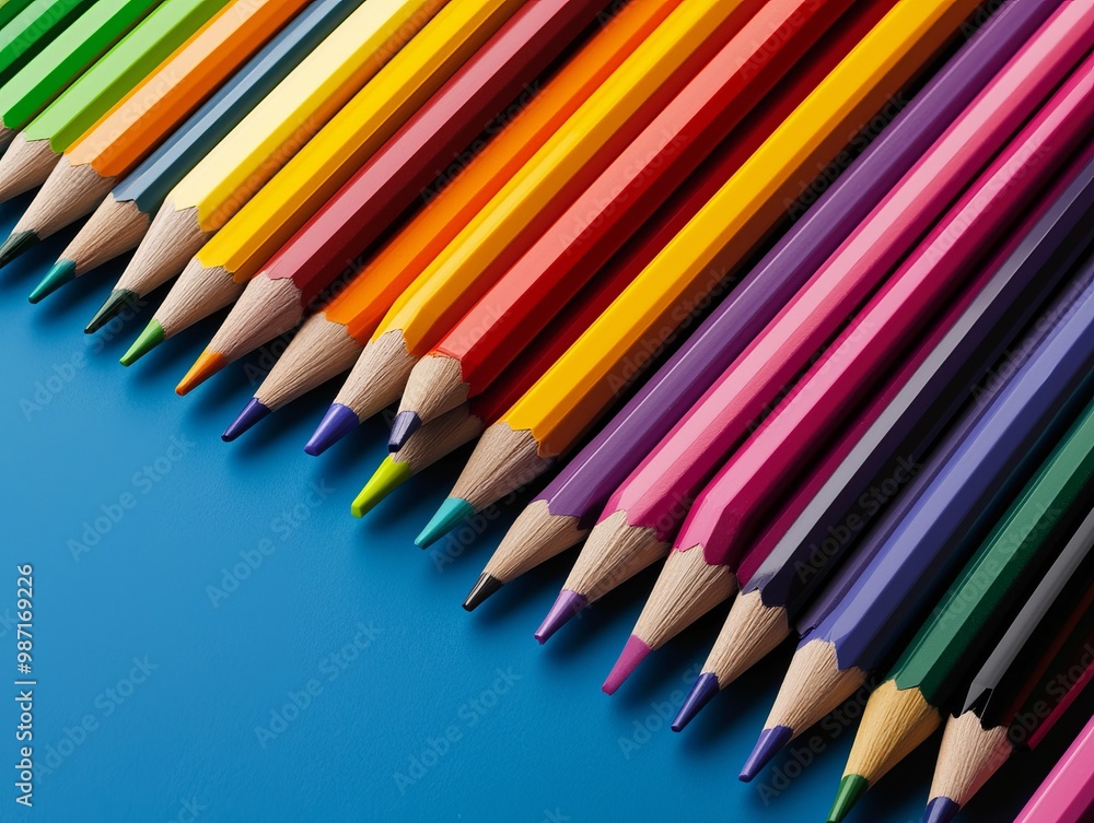 Colorful pencils arranged neatly on a blue background. Colorful pencils arranged neatly on a blue background.